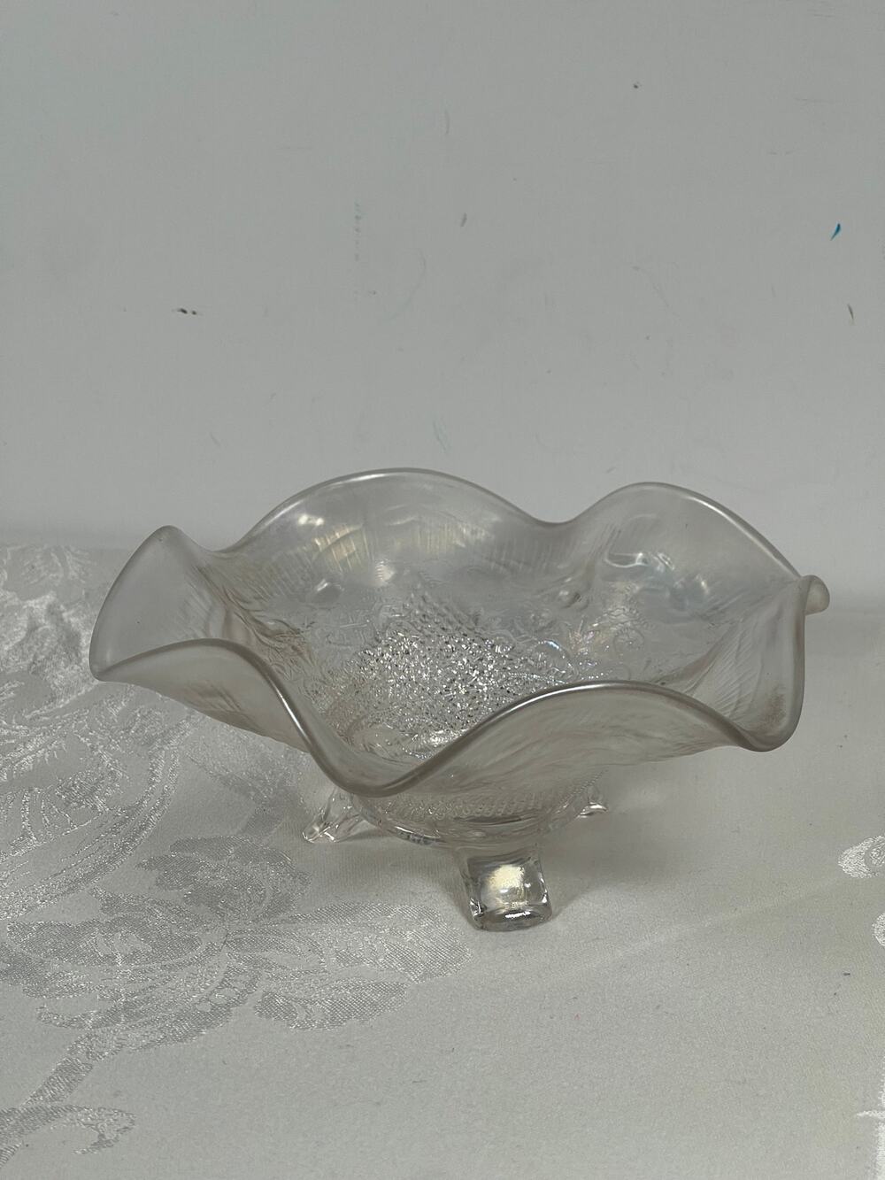 Northwood Carnival Glass Fine Cut & Roses Ruffled Bowl, Fancy Interior Pearl
